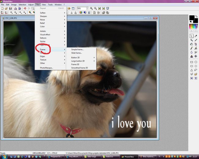 OKVIR če želimo fotografijo uokviriti, kliknemo FILTER, ki ga najdemo v zgornji orodni vrs