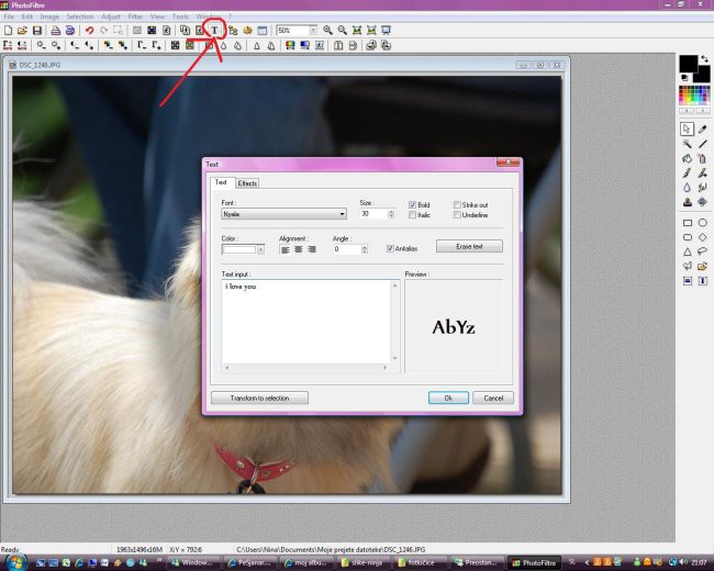 TEXT 1  za text na sliki kliknemo tool označen z rdečo puščico. Prikaže se nam novo okno. 