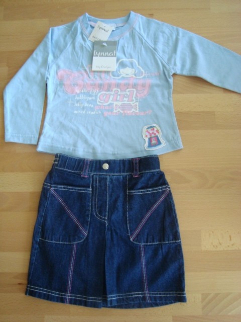 NOV 2-delni komplet: jeans krilce in majčka, št.86