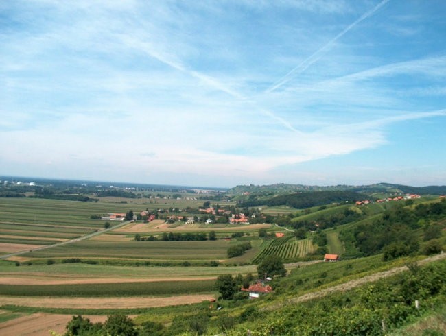 Lendavska dolina z goricami in obdelana polja.