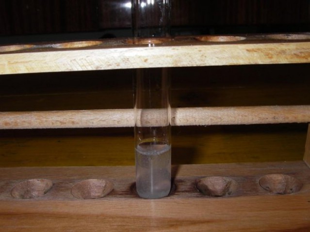 V epruveto nato dodamo še nekaj destilirane vode, da se srebrov nitrat raztopi.