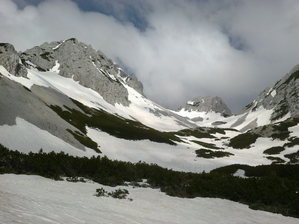 Pogled nazaj na prehojeno pot (levo pobočja Vrtače, desno Zelenjak)