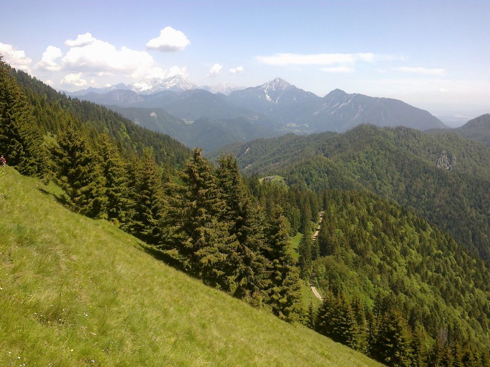 Razgled s poti na planino Preval in Kamniško-Savinjske alpe v daljavi