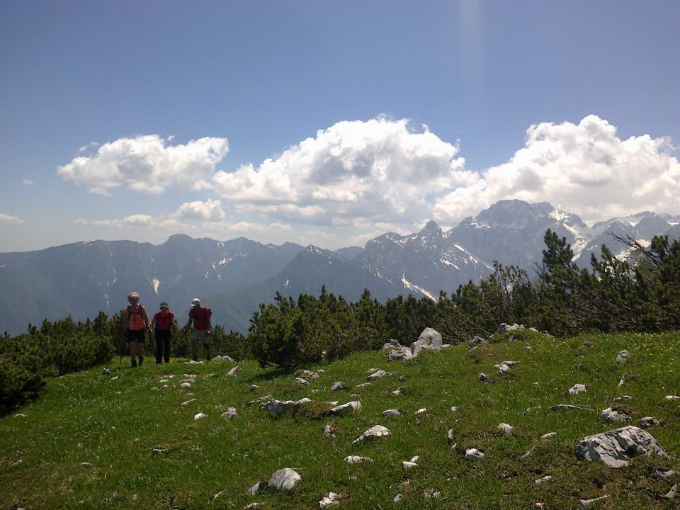 Pot na Vrtaški vrh ter razgled na Debelo peč (levo) in Rjavino (desno)