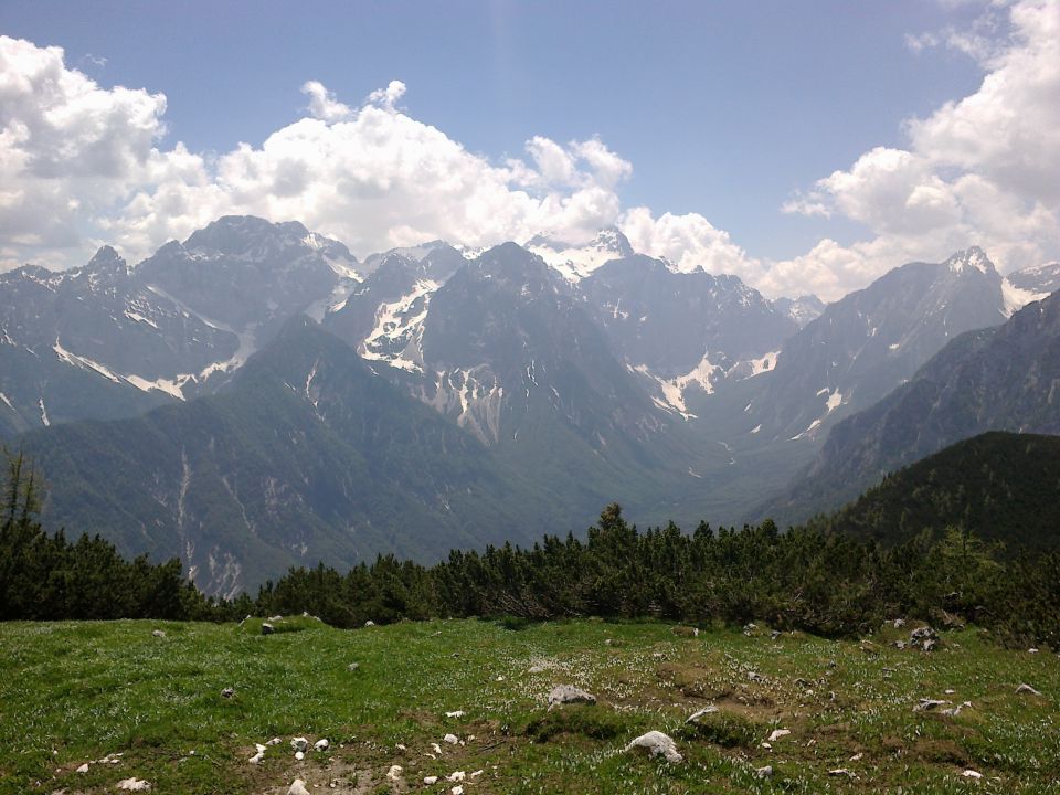 Razgled z vrha na Rjavino, Triglav in Stenar (od leve proti desni)