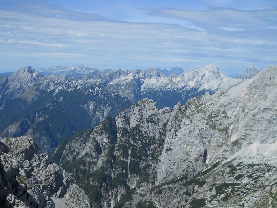 Razgled z vrha na Bavški Grintavec, Kanin, Viš, Jalovec in Mangart