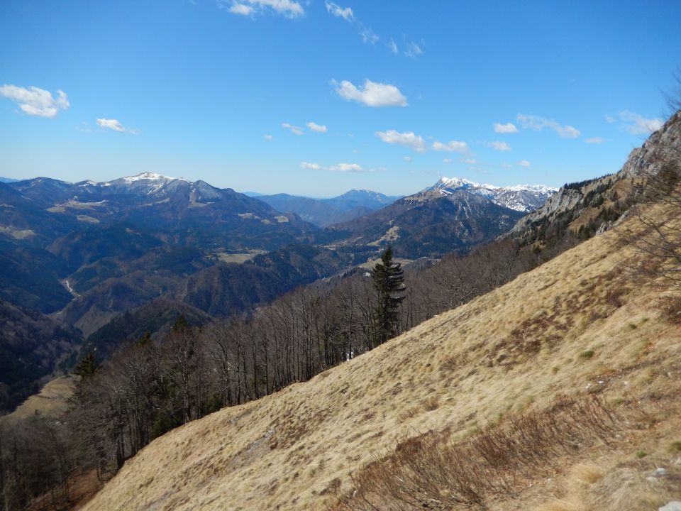 Razgled s poti na Porezen (levo) in Soriško planino (desno) ter Bohinjske gore (zadaj)