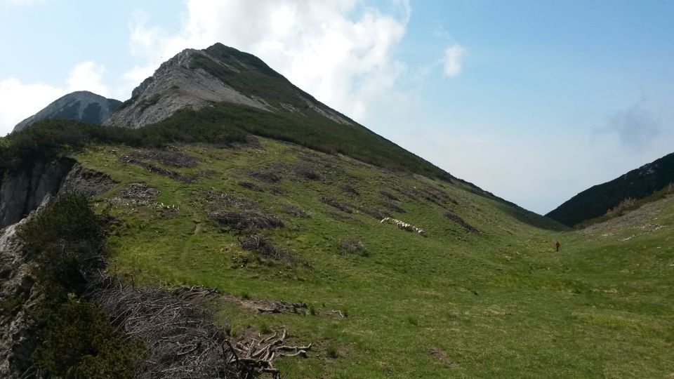 Pogled nazaj na planino Dolga njiva in Srednji vrh (levo)