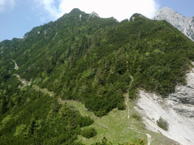 Spust z Malega Grintovca na Mačensko sedlo in pogled na nadaljnjo pot na Bašeljski vrh