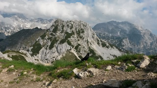 Razgled z vrha na Triglav (levo), Mali Draški vrh (v sredini) in Rjavino (desno)