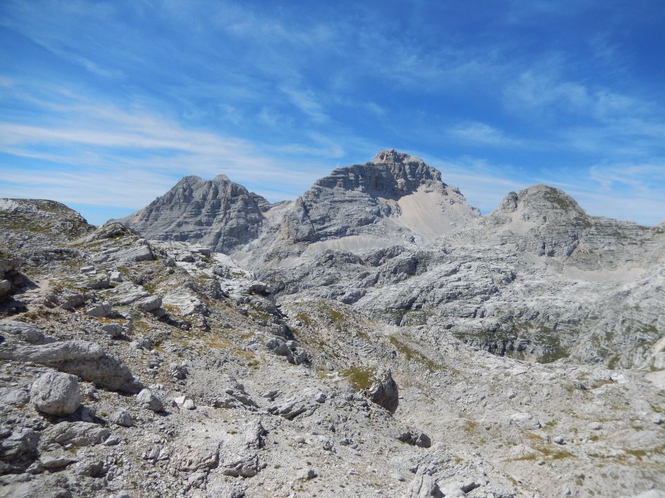 Razgled z Dovških vratc (2180m) na Planjo (levo) in Razor (desno)
