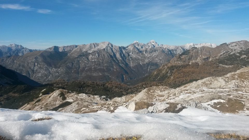 Razgled iz vrha na Bavški Grintavec, Mangart, Jalovec in Mojstrovke