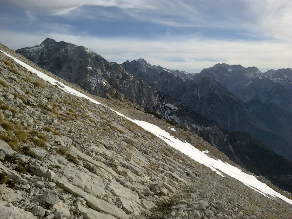 Spust iz Male Mojstrovke ter razgled na Prisojnik, Triglav in Kanjavec