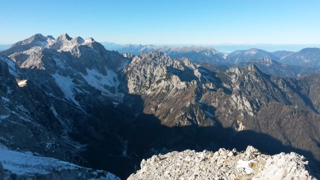 Razgled iz vrha na Grintovec, Tursko goro, Skuto, Rinke, Mrzlo goro in Matkovo Kopo