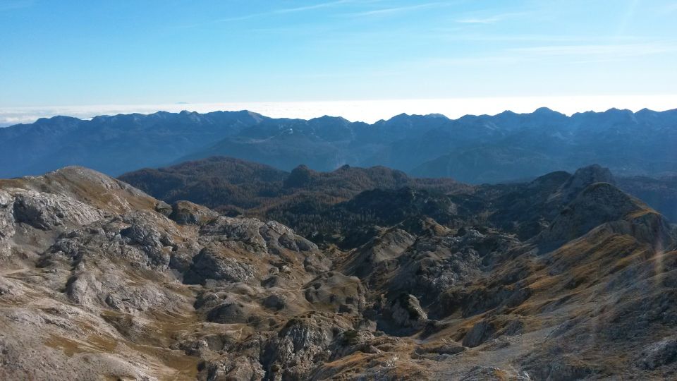 Razgled z vrha Male Zelnarice na dolino Za Kopico ter Bohinjske hribe