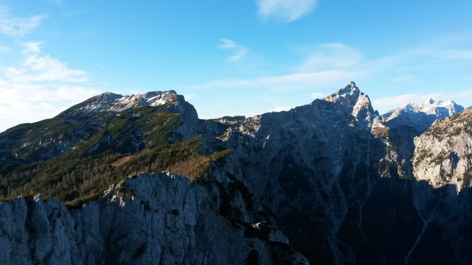 Razgled z vrha Križevnika na V. Zelenico, Ojstrico, Grintovec, Skuto in Rinke