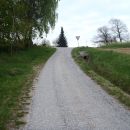 V križišču prečkamo glavno cesto. Desno na hribu je pokopališče.