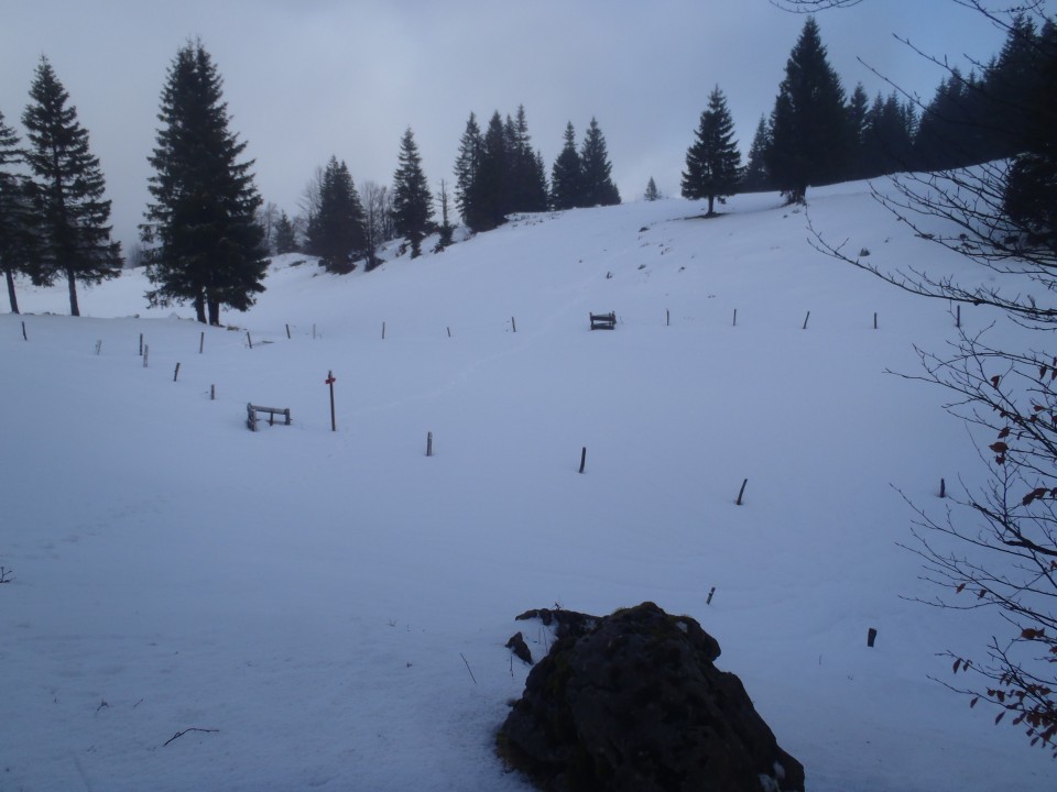 Vrhnji del Menine, sneg napihan tudi več, kot so dolge pohodne palice.